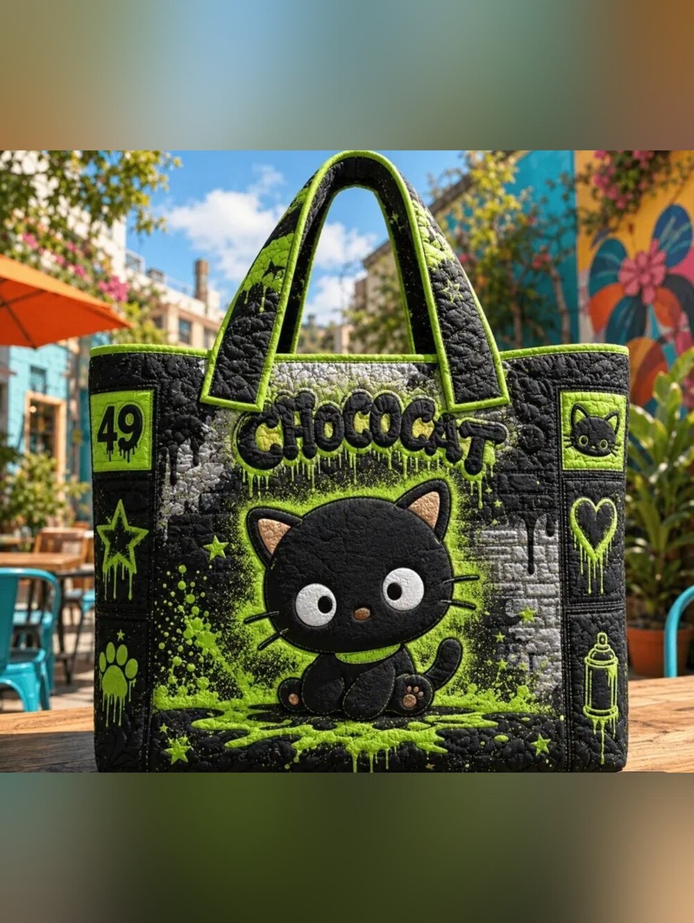 Chococat Graphic Tote in Black & Neon Green